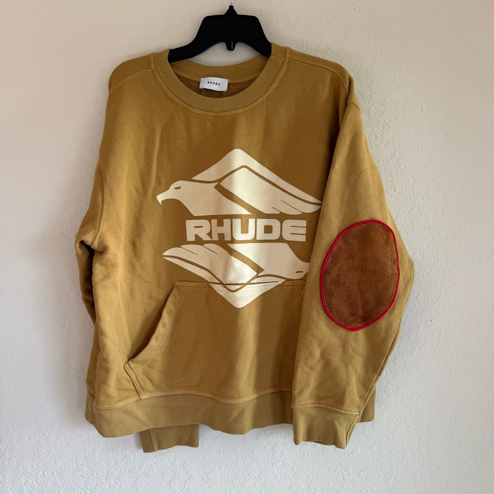 Rhude Mustard Yellow Crewneck Sweater with Geometric Logo. P0046